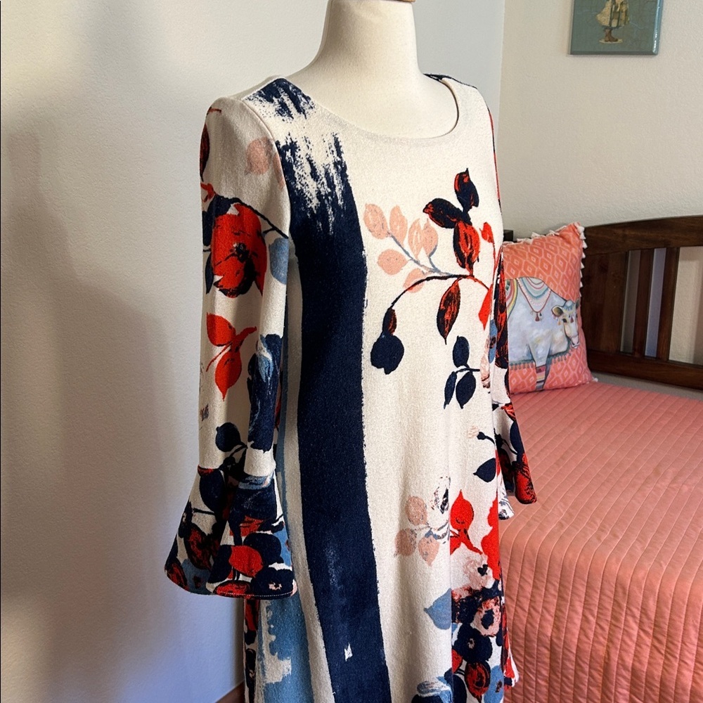 Maeve Anthropologie Bell Sleeve Floral Anthousai swing shift sweater dress sz XS - Picture 4 of 16